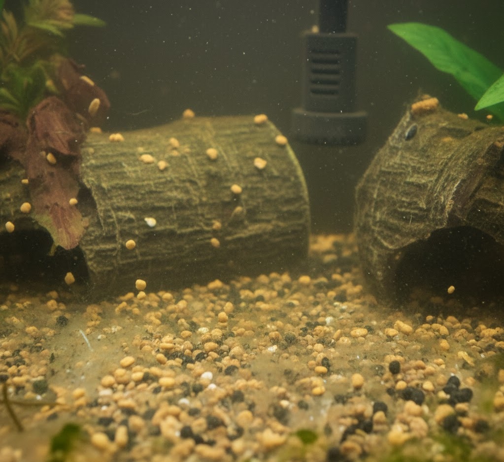 Aquarium substrate covered with excess fish waste and leftover food from overfeeding