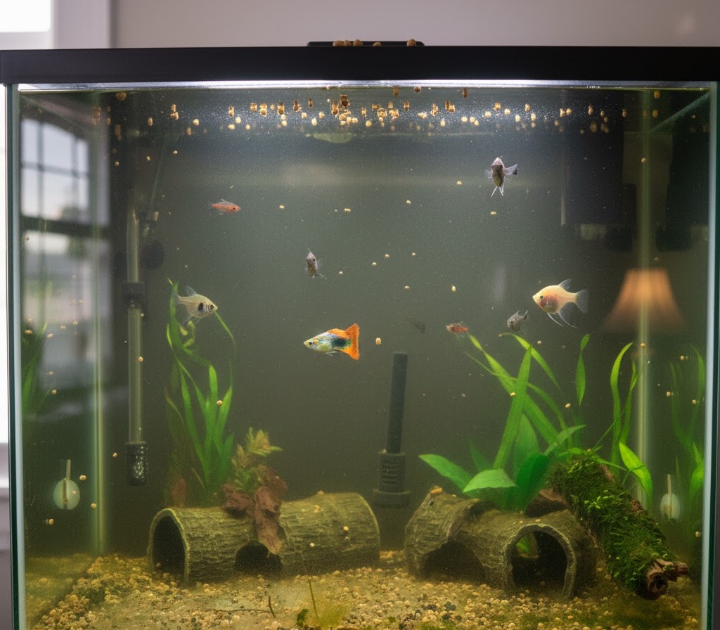 Proper feeding routine for aquarium fish with clear water and stable tank conditions