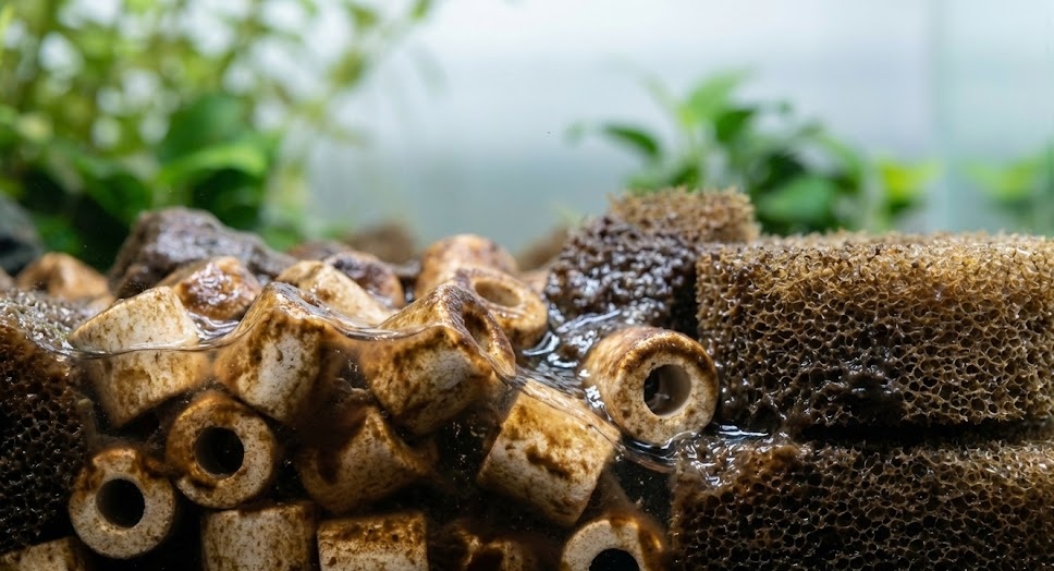 Aquarium filter media covered with organic waste and beneficial bacteria