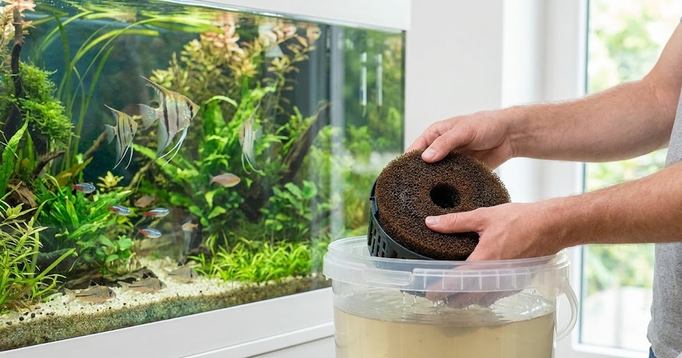 Proper aquarium filter cleaning using tank water to preserve bacteria