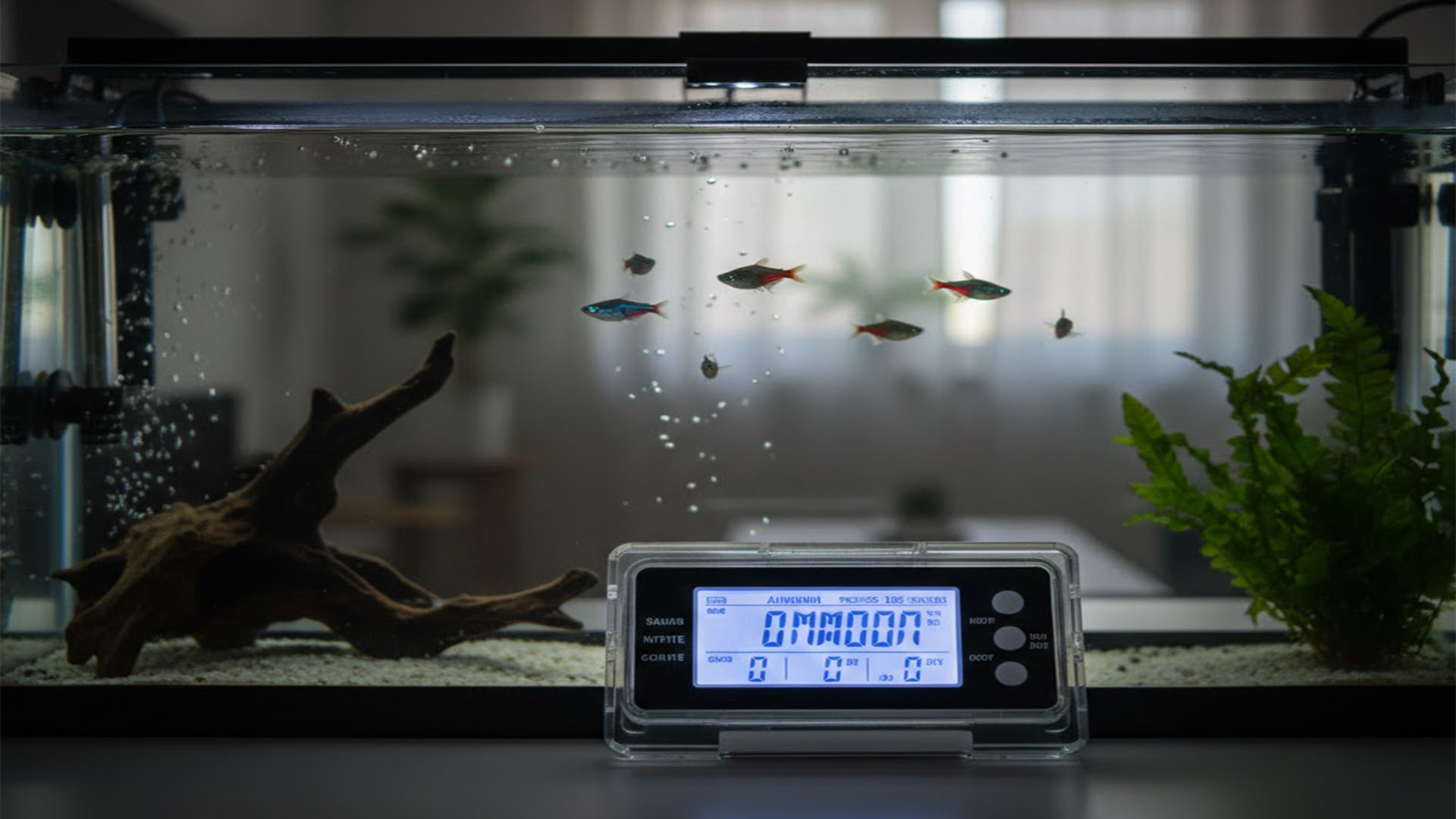 Aquarium test kits showing safe results while fish are stressed or dying