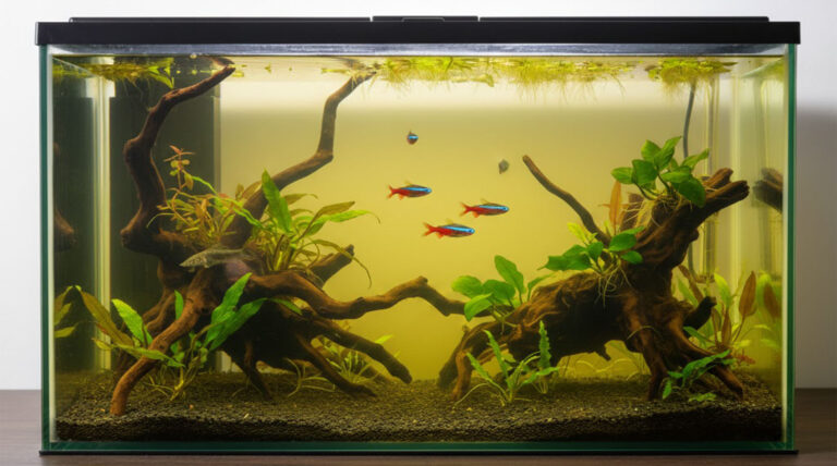 Aquarium water turns yellow due to tannins and organic buildup