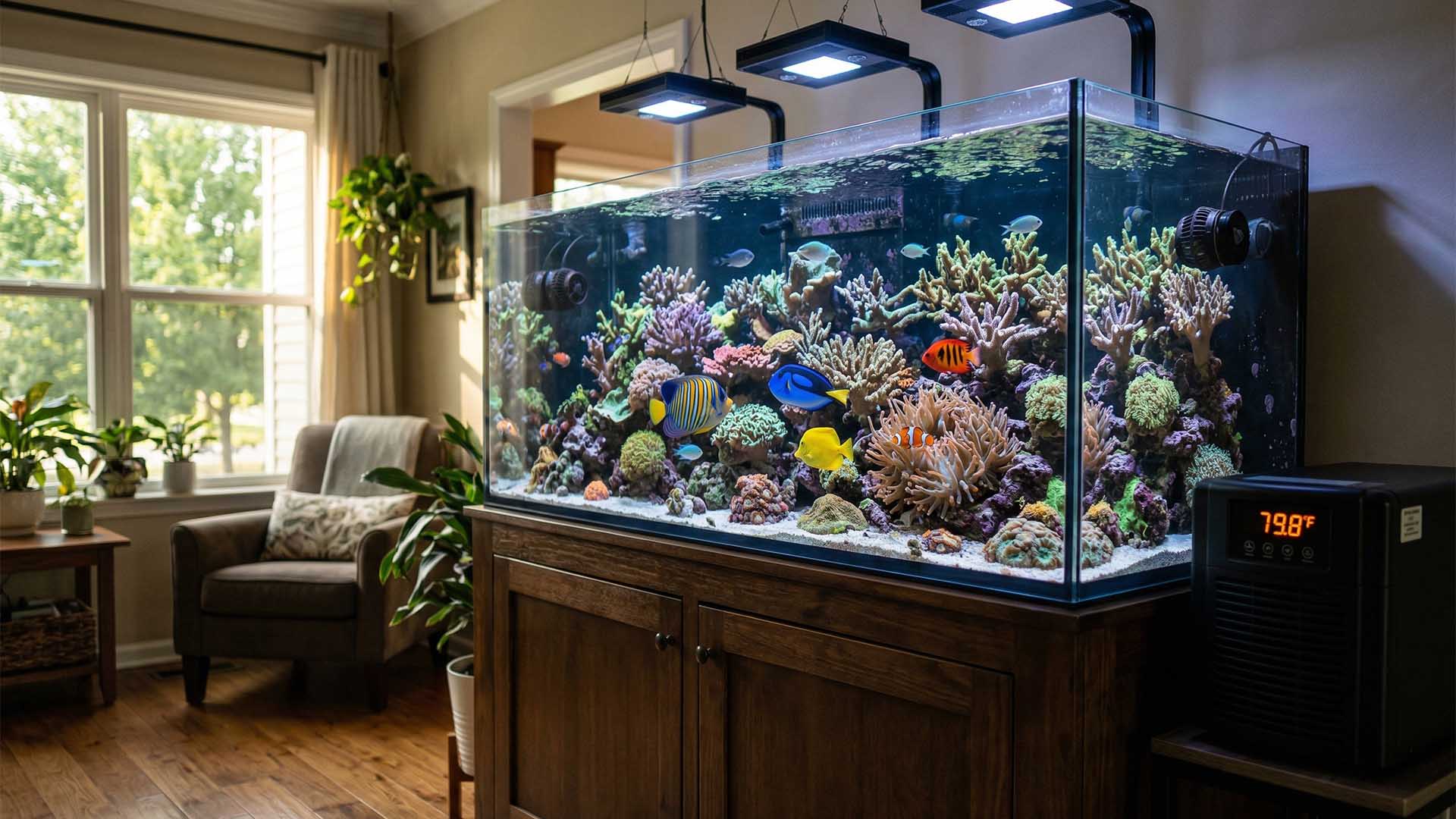 Aquarium chiller preventing summer overheating in a high-value reef tank