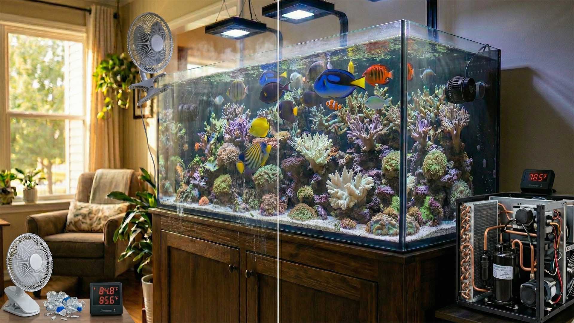 Fan cooling compared with aquarium chiller for stable summer tank temperature