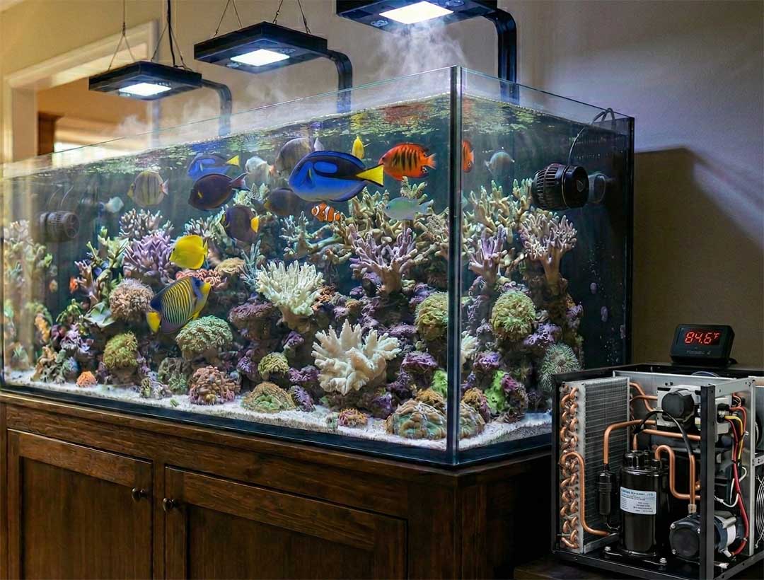 Reef tank overheating in summer with fish stress and coral risk signs