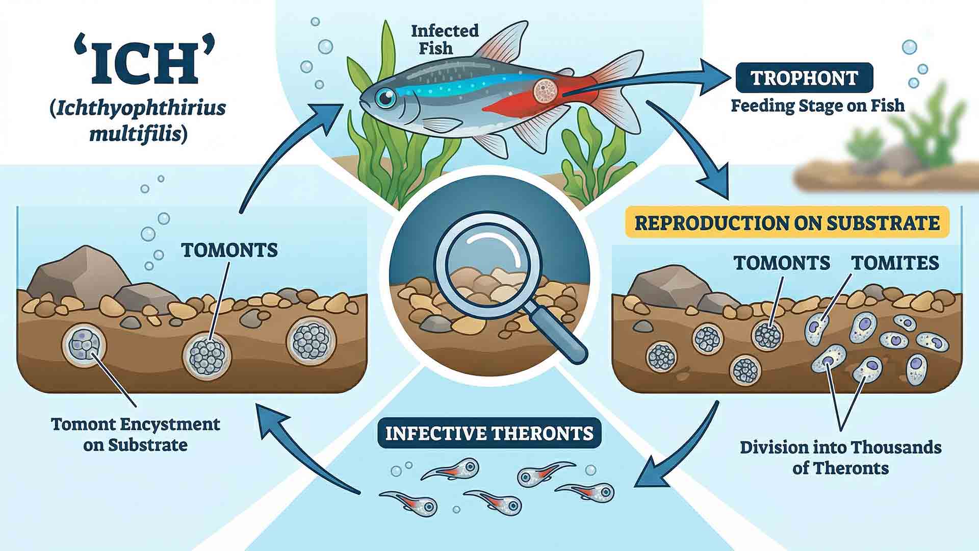 The multi-stage life cycle of the Ichthyophthirius multifiliis parasite