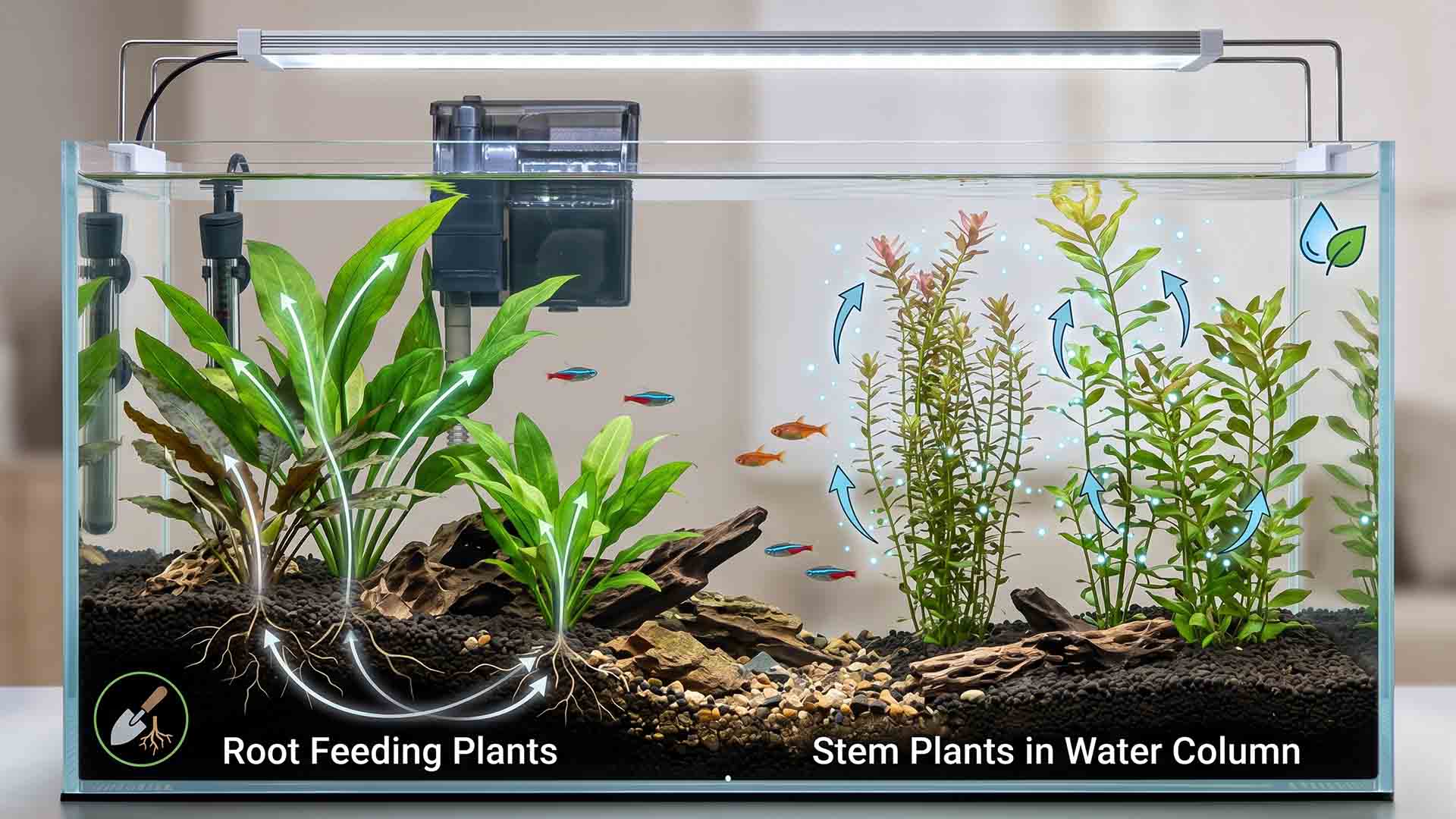 root feeder vs stem plants warm water aquarium comparison