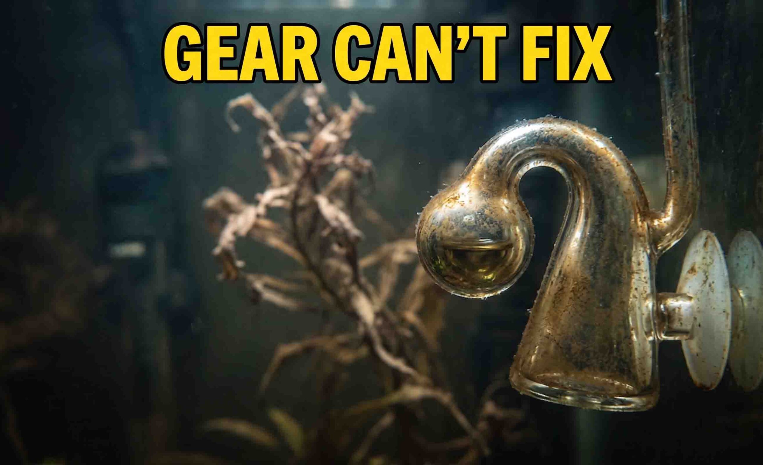 Failed aquarium CO2 drop checker covered in brown algae in an unheated tank.