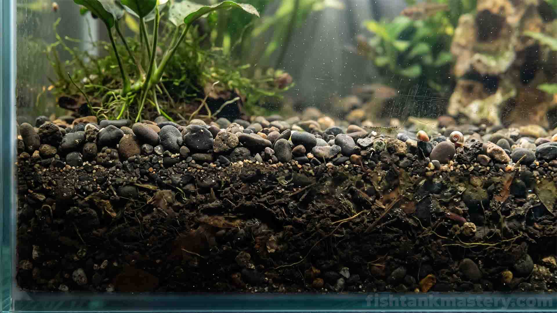 Macro view of aquarium sand substrate accumulating organic waste beneath clear water column