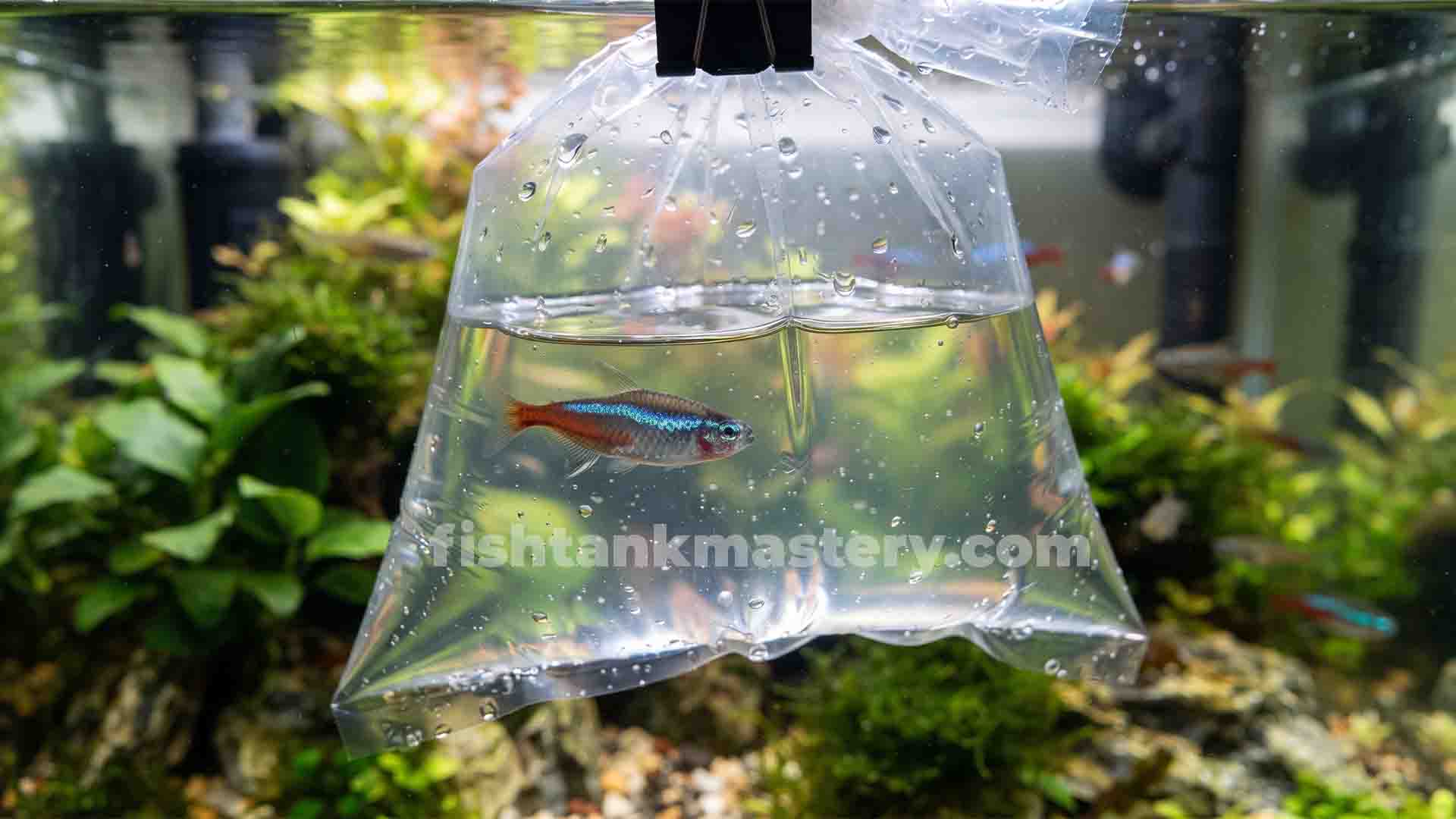 Stressed newly purchased schooling fish inside an acclimation bag floating in a home aquarium.