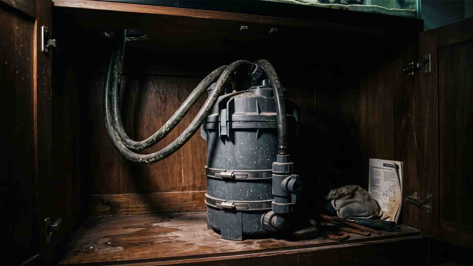 Large, heavy-duty canister filter hidden under a dark aquarium cabinet connected by thick hoses