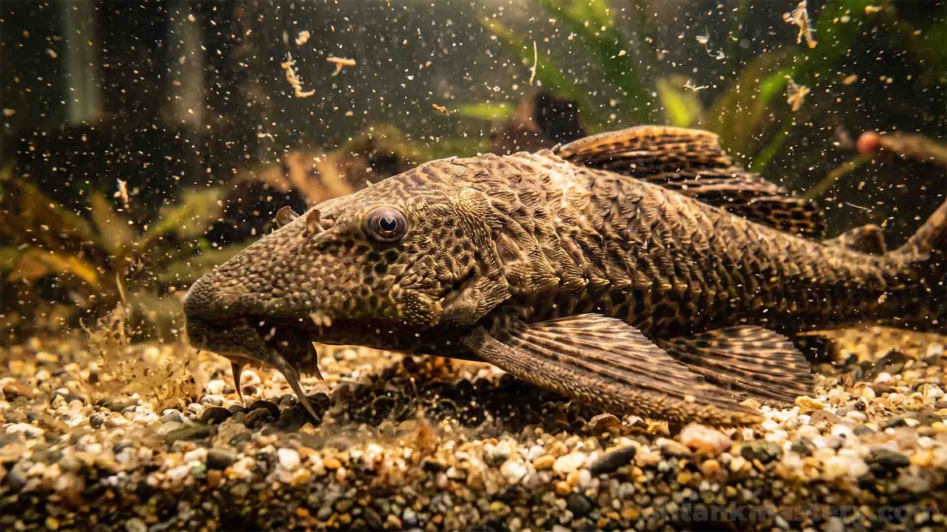 Large Common Pleco on aquarium gravel in cloudy water showing high bioload waste buildup