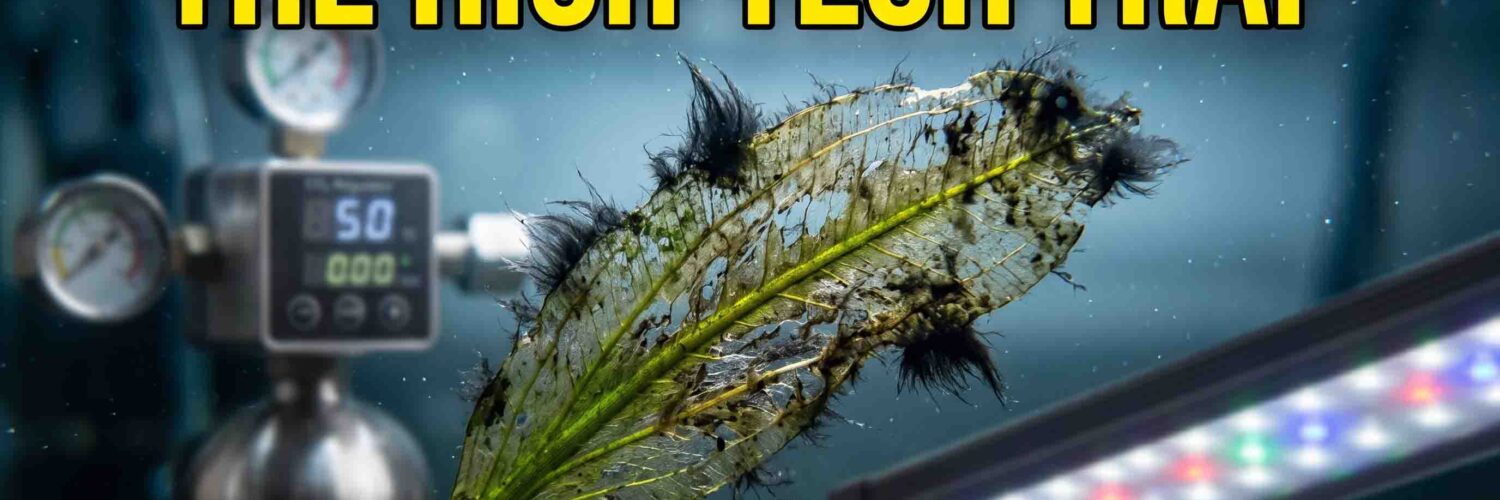Melting aquarium plant covered in algae due to high-tech gear in cold water setup.