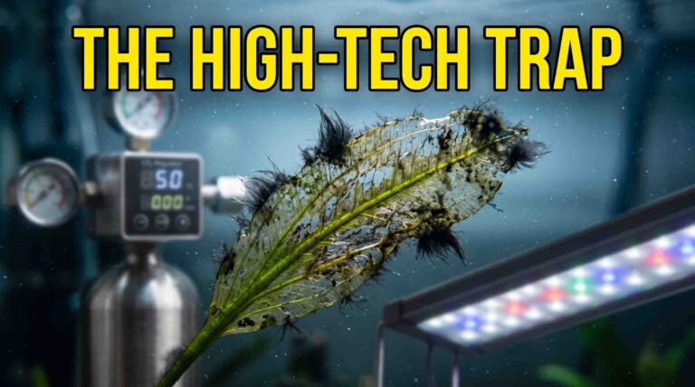 Melting aquarium plant covered in algae due to high-tech gear in cold water setup.