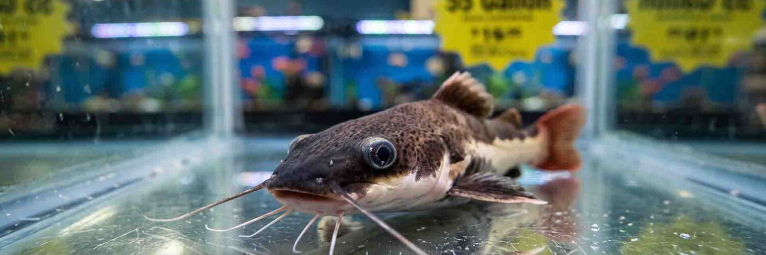 A tiny juvenile monster fish in a pet store bare tank representing the delayed biological failure trap.