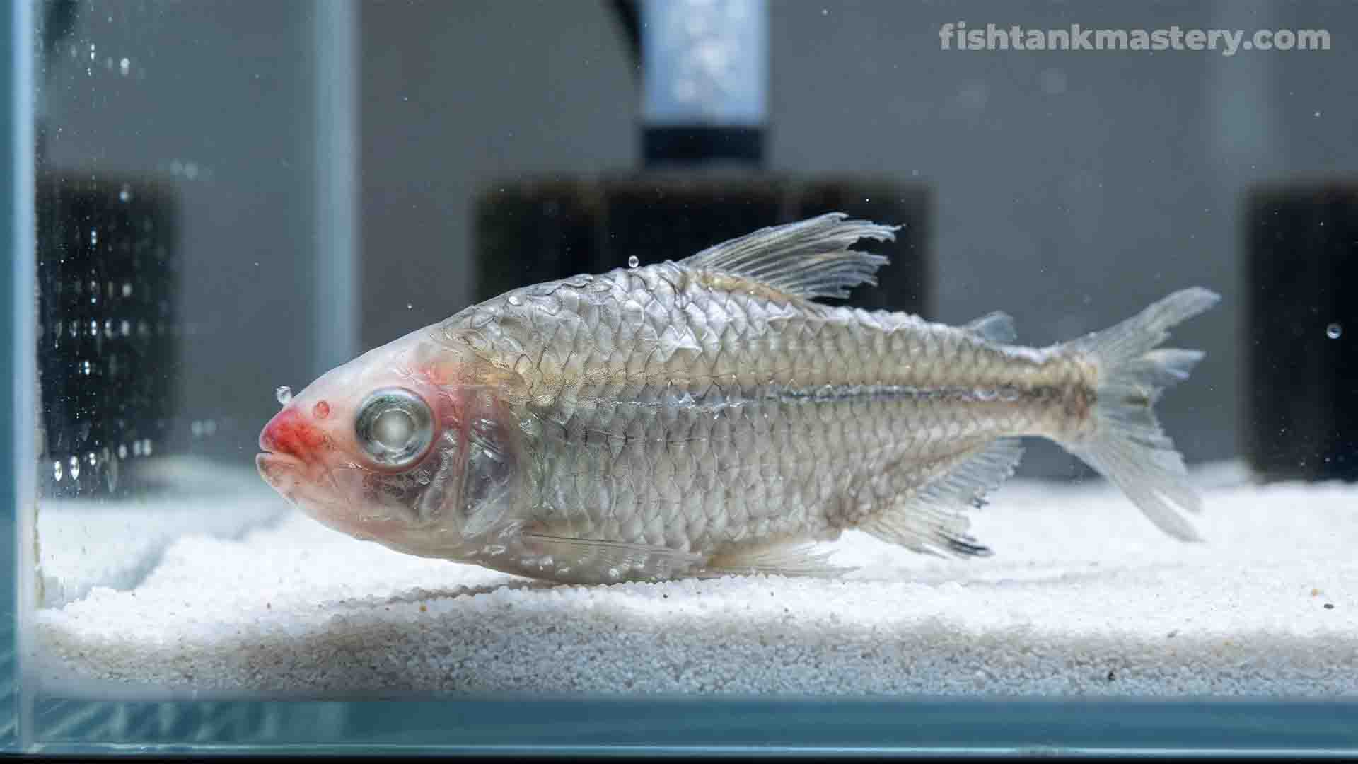 Pale Rummy Nose Tetra suffering from severe osmotic shock in an uncycled beginner aquarium.