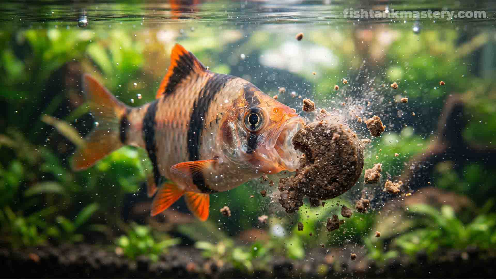 Tiger Barb aggressively snapping at a heavy sinking pellet displaying survival mode behavior.