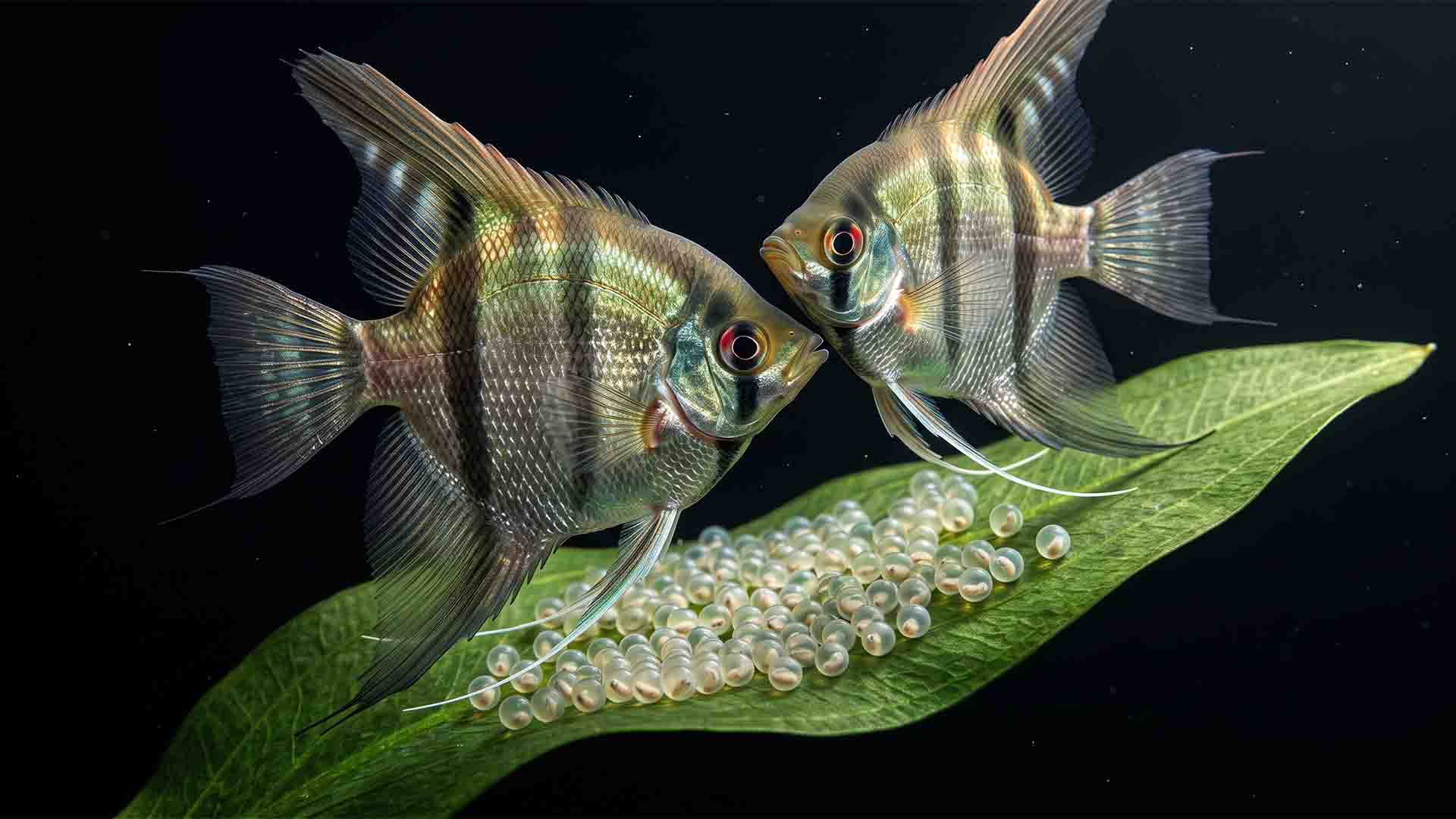 10 Angelfish Mistakes That Ruin Community Tanks Mated pair of freshwater angelfish aggressively guarding translucent eggs on a broad aquatic leaf against a dark studio background