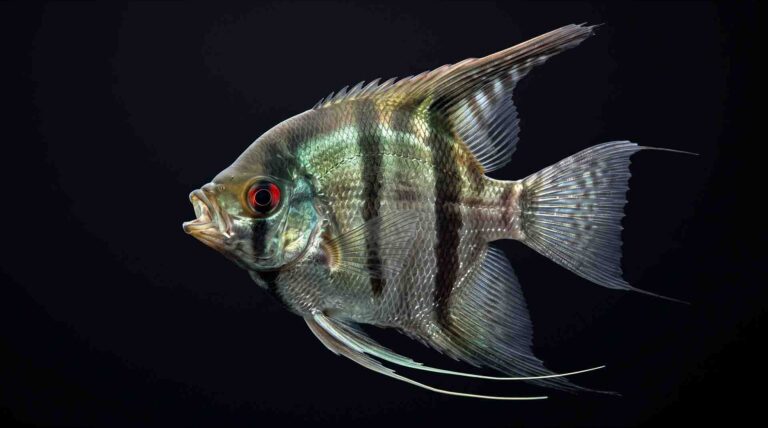Adult freshwater angelfish Pterophyllum scalare showing predatory mouth opening and tall dorsal fin geometry on pure black background.
