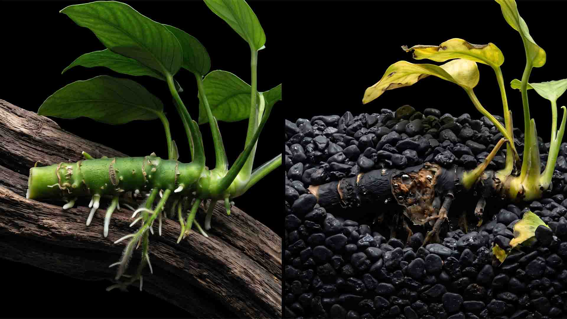 Macro cross-section comparison of an Anubias rhizome buried in gravel versus properly attached to driftwood.