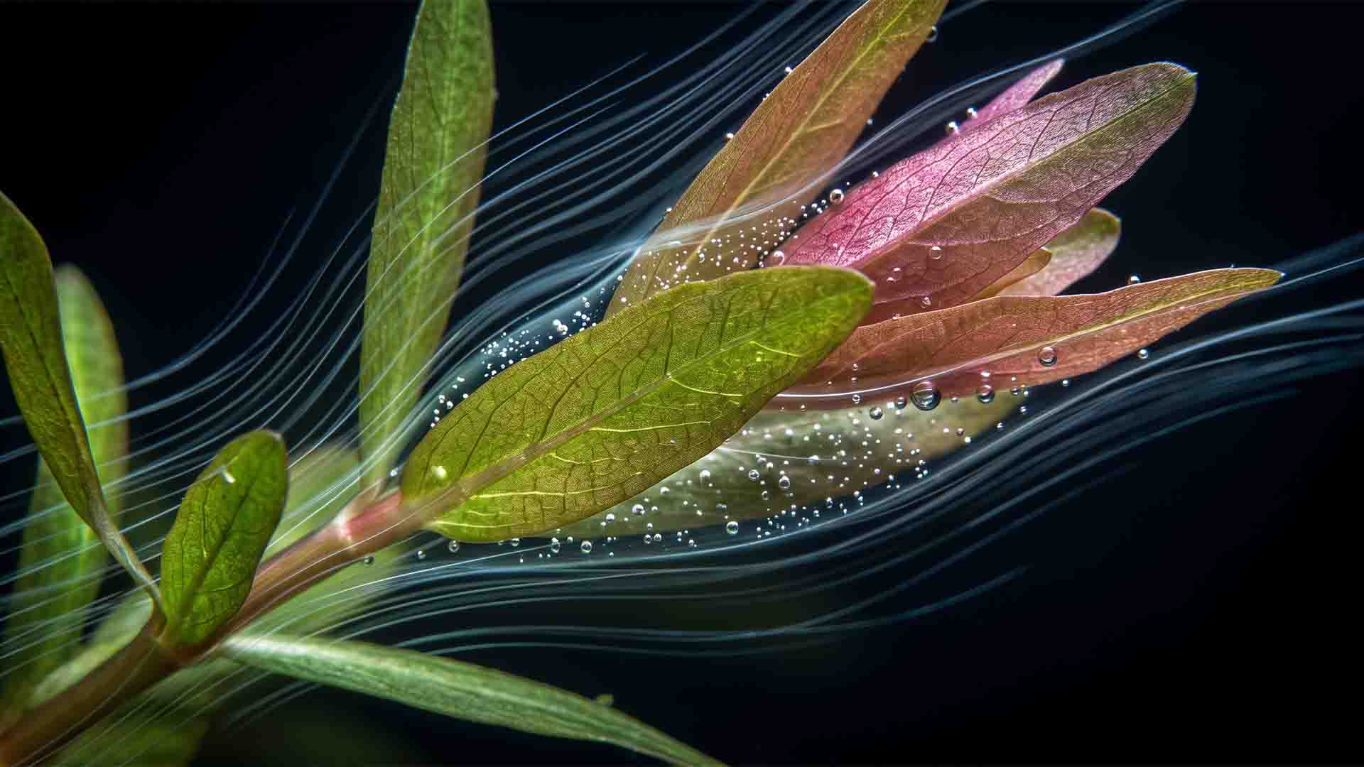 Hydrodynamic visualization of laminar water flow and microscopic boundary layer around submersed aquatic plant leaves.