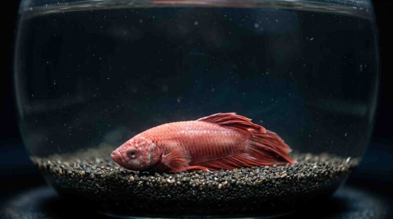 A lethargic betta fish sitting at the bottom of an unheated glass bowl suffering from cold-lock metabolic slowdown