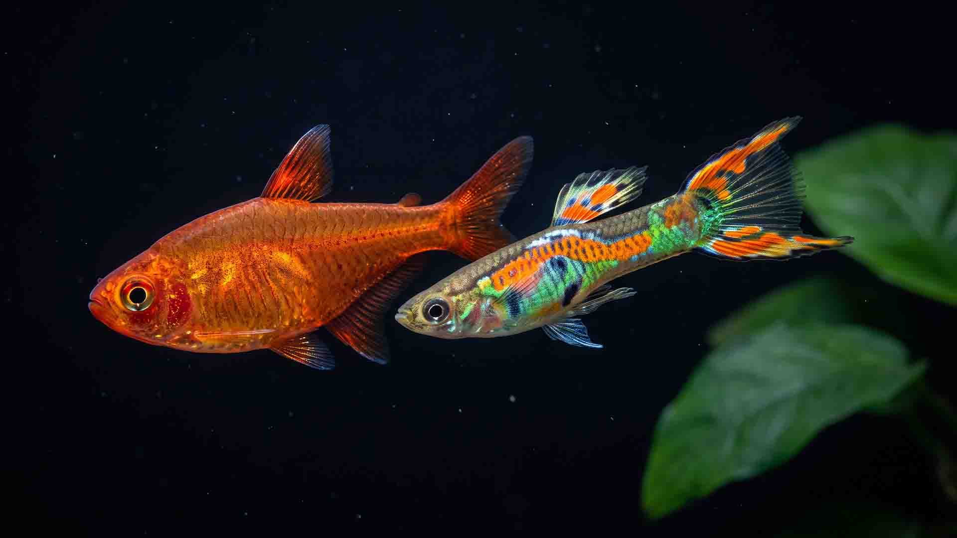 Vibrant ember tetra and male endler livebearer thriving in a planted nano tank