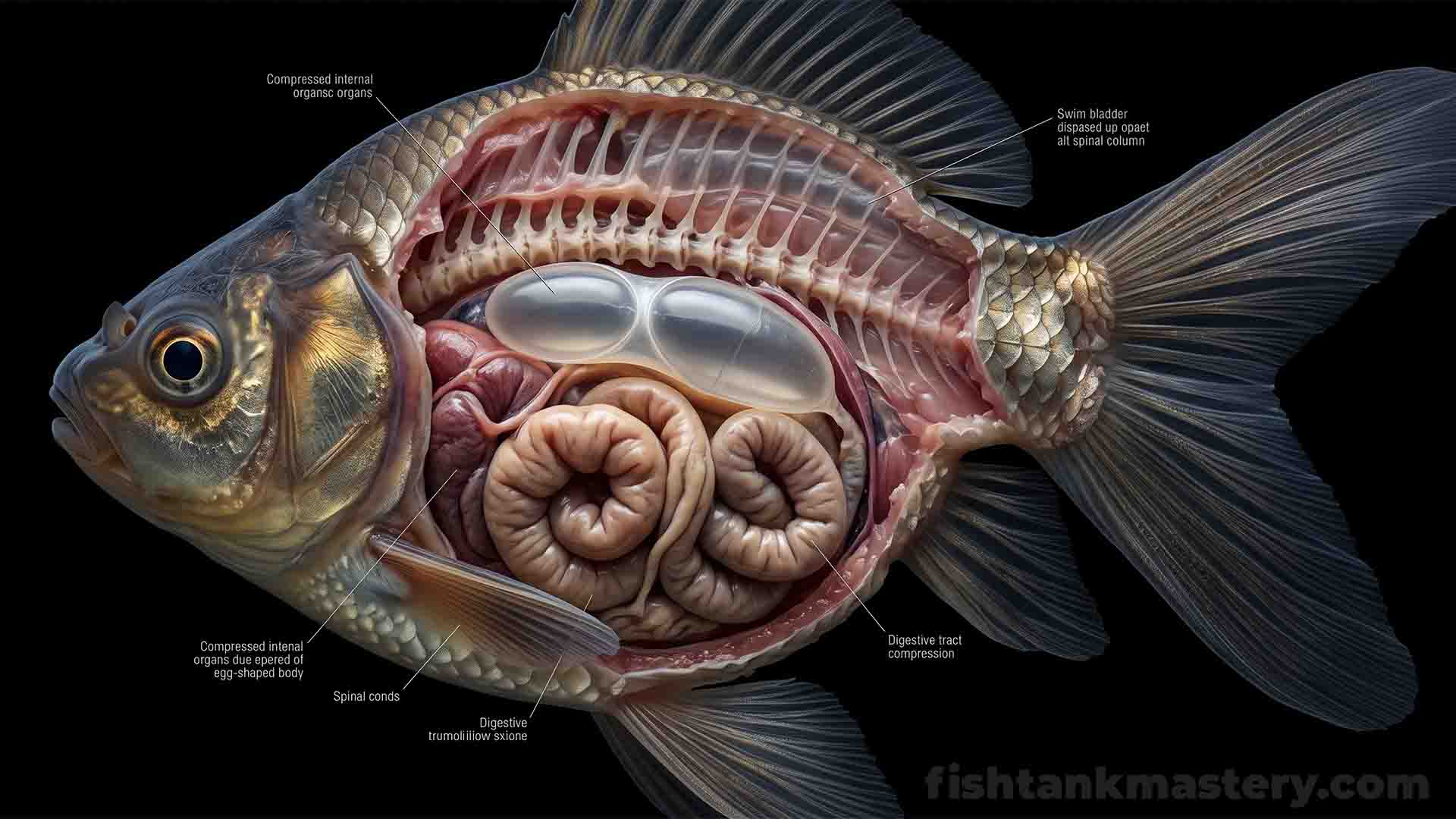 Fancy Goldfish Swim Bladder Compression Anatomy Anatomical diagrammatic representation of fancy goldfish swim bladder compressed against spinal column due to body shorting