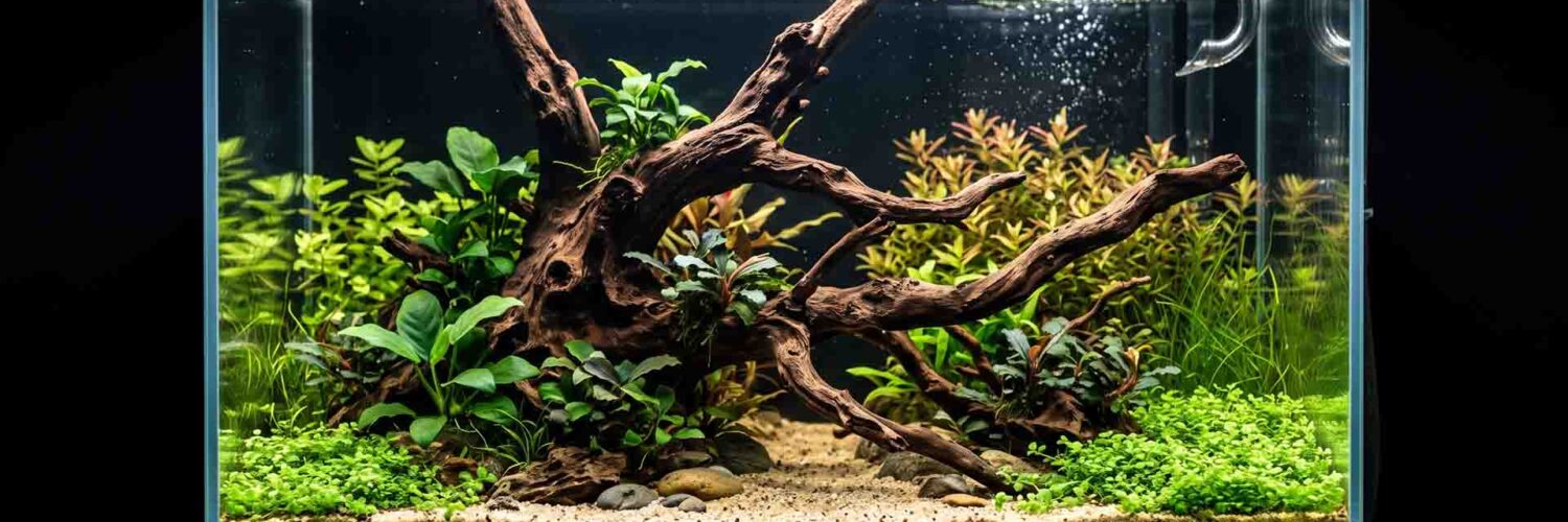 Newly set up 20-gallon freshwater aquarium with clear water and natural aquascape