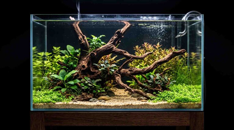 Newly set up 20-gallon freshwater aquarium with clear water and natural aquascape