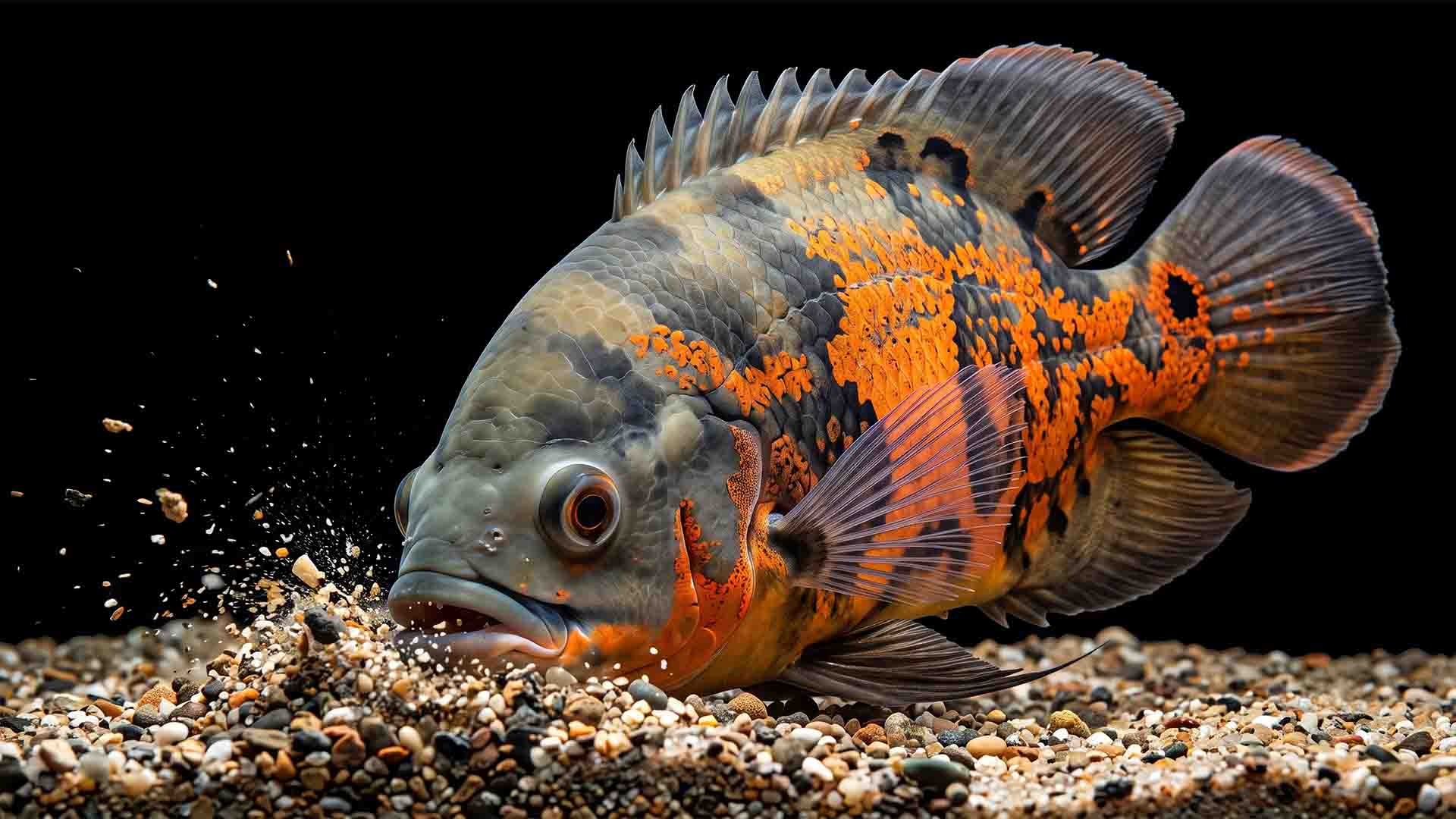 Large Oscar Cichlid uprooting plants and moving substrate in an overcrowded tank