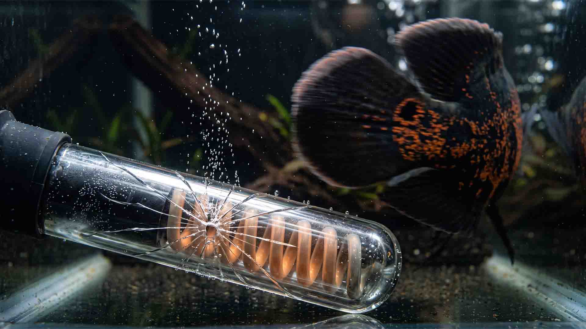 Cracked glass aquarium heater underwater next to the powerful tail of an Oscar cichlid