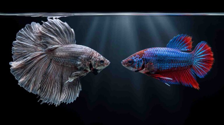 Side-by-side comparison of a delicate longfin betta and an agile plakat betta in a freshwater aquarium.