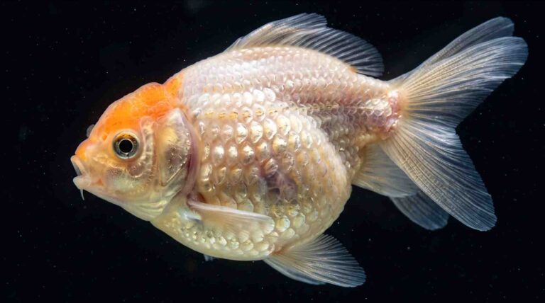 Pearlscale goldfish showing extreme spherical body compression and anatomical stress under macro photography