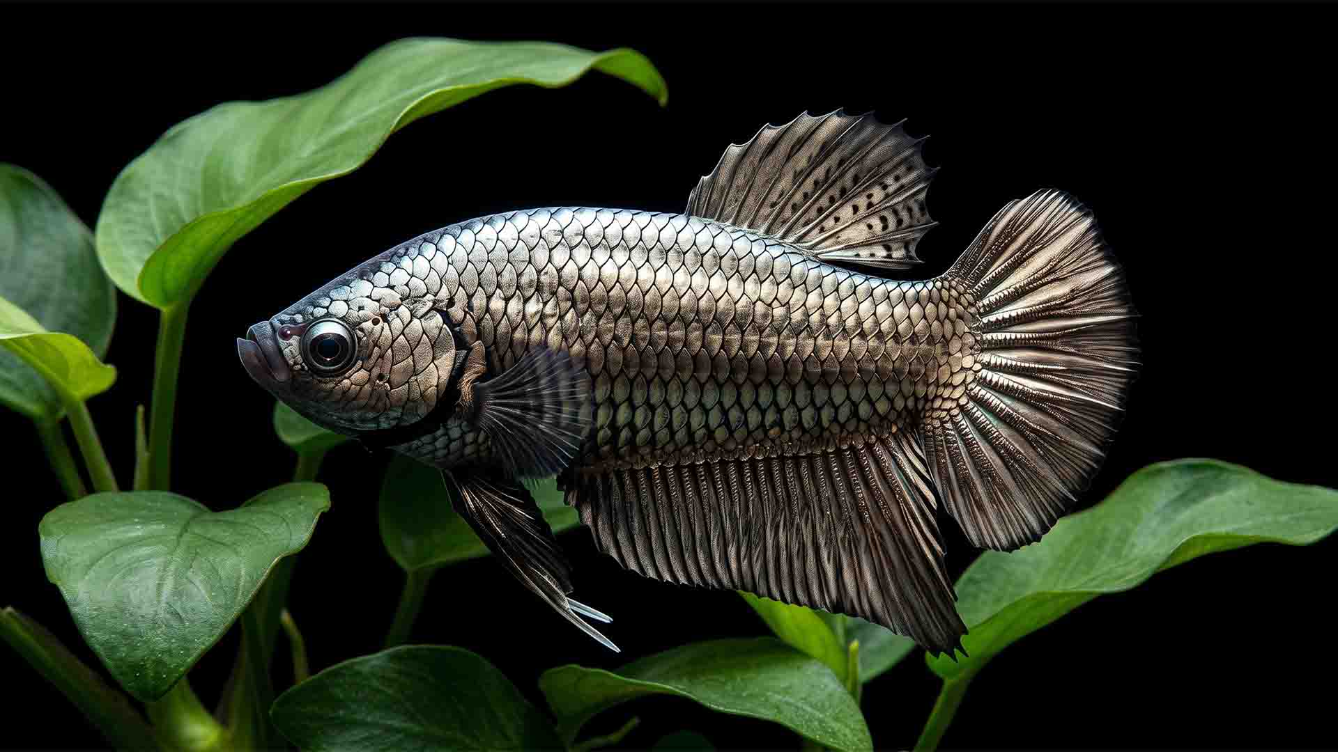 A healthy wild-type Plakat Betta fish with short active fins swimming in a well-planted 10-gallon aquarium setup