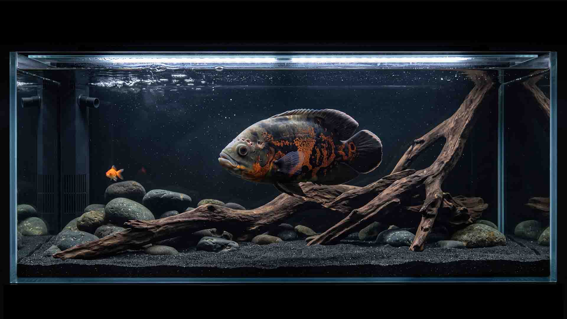 Spacious 125 gallon freshwater aquarium setup designed specifically for adult Oscar fish with safe hardscape and high flow