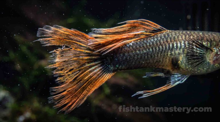 Macro view of a delicate fancy guppy showing physical stress signs in a freshwater aquarium.