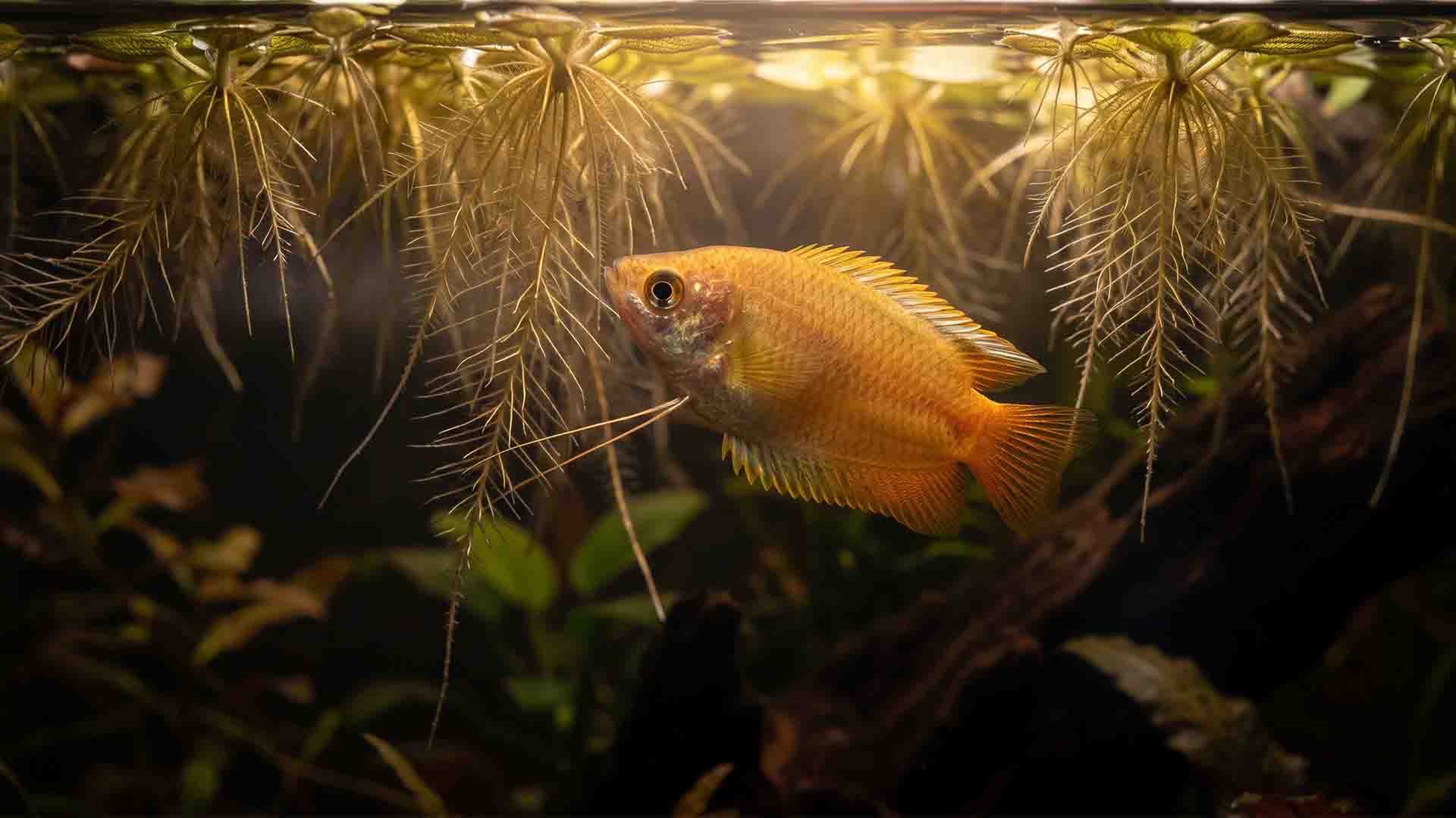 Overrated Freshwater Fish: 6 Traps & Safe Swaps Sunset honey gourami exploring live floating plant roots in a peaceful freshwater community tank.
