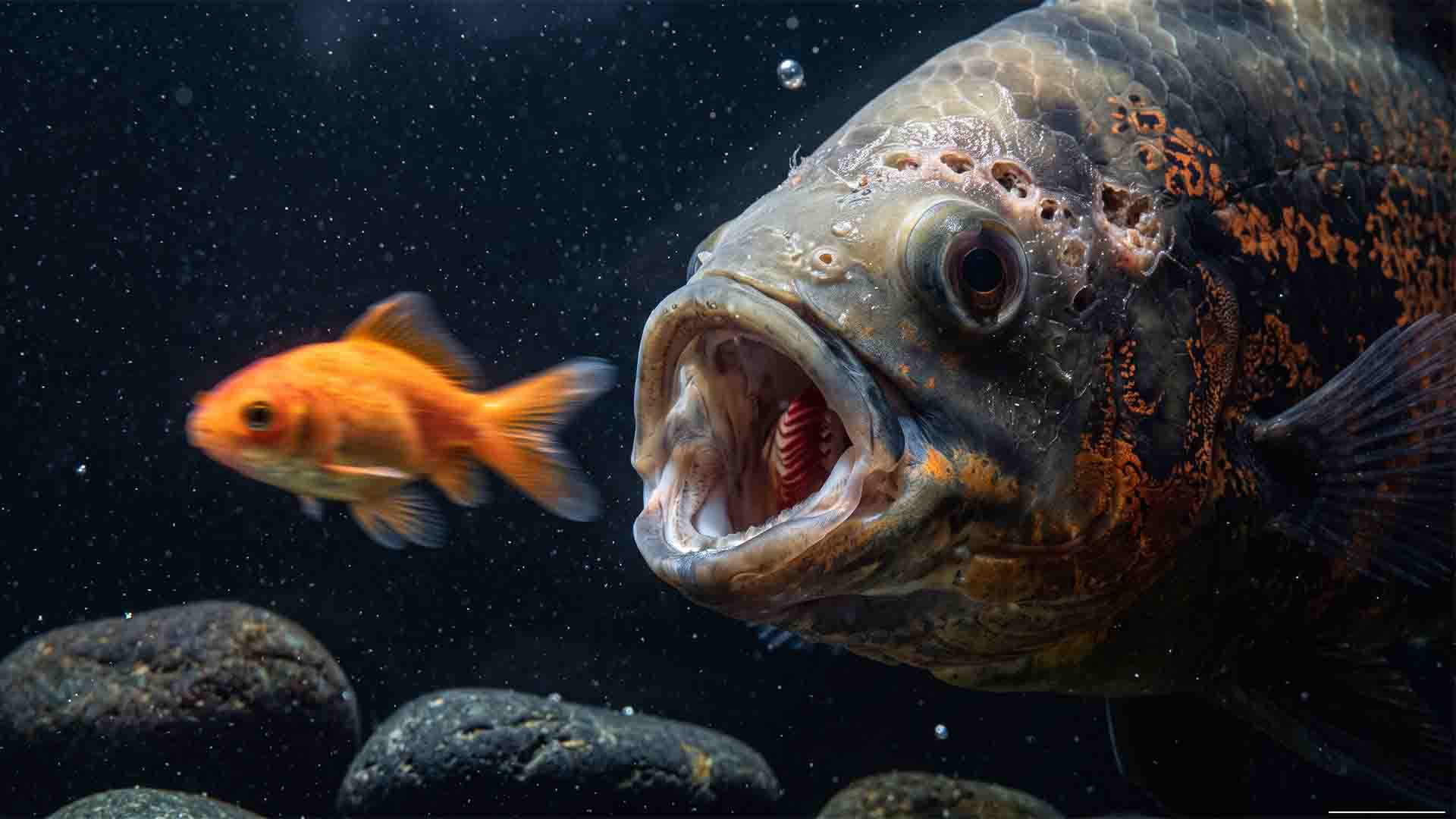 Predatory Oscar fish stalking cheap feeder goldfish in an aquarium setting