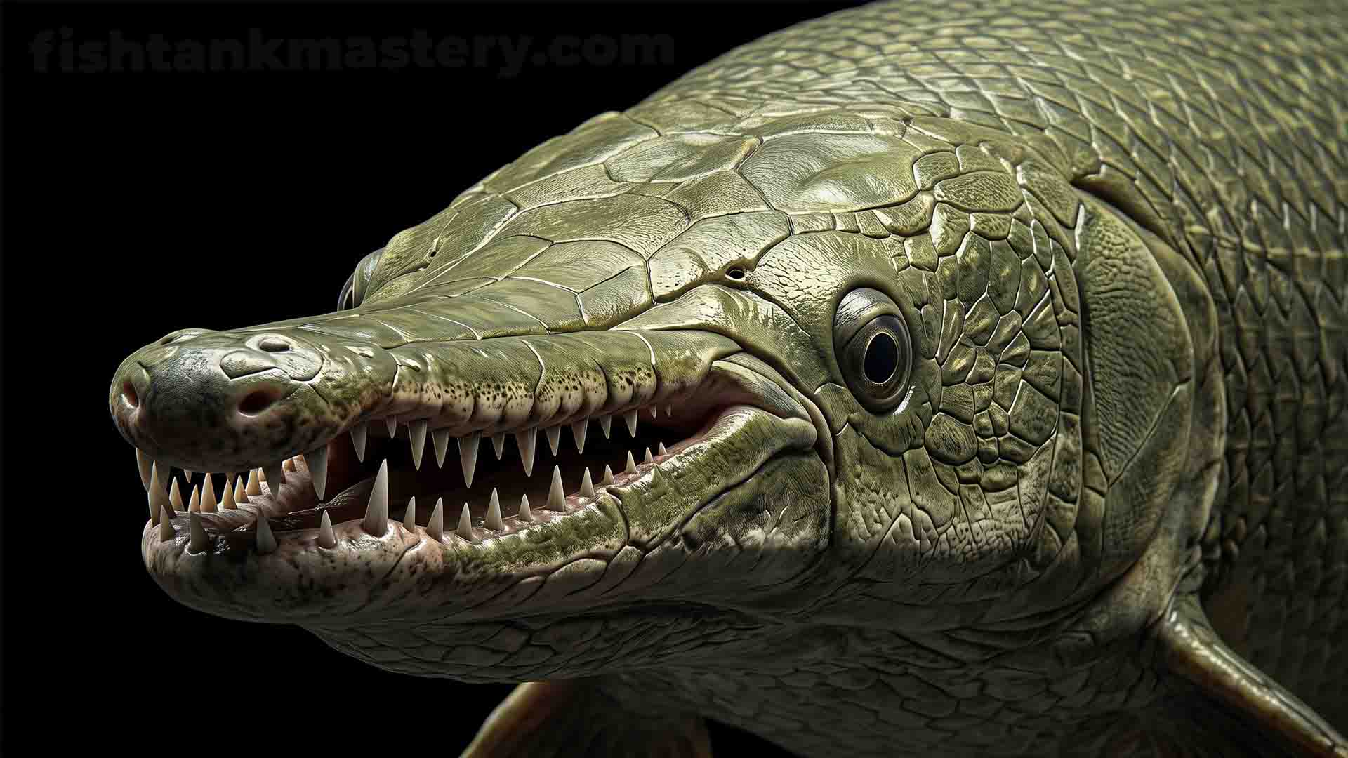 Alligator Gar broad snout with dual rows of sharp teeth and ganoid armor scales on black background