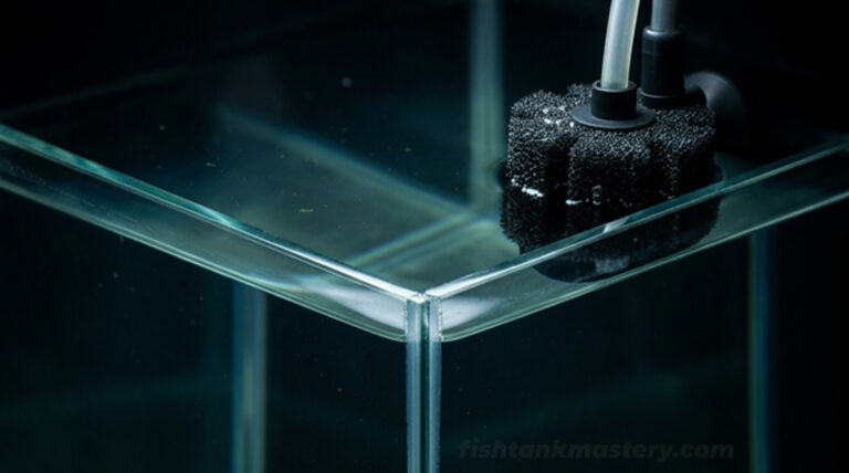Macro split view of a pristine new aquarium showing invisible toxic ammonia and biological vacancy behind crystal-clear water (Most fish tank setup mistakes)