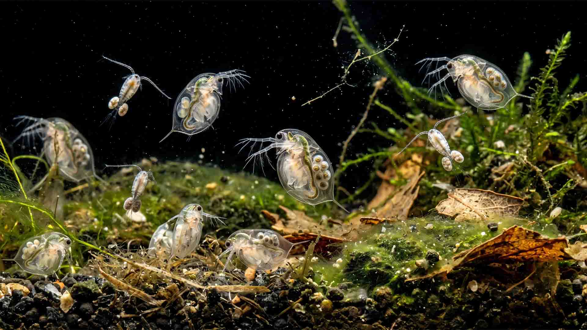 Macro shot of live Daphnia and cyclops copepods grazing on organic biofilm in a balanced ecosystem aquarium.