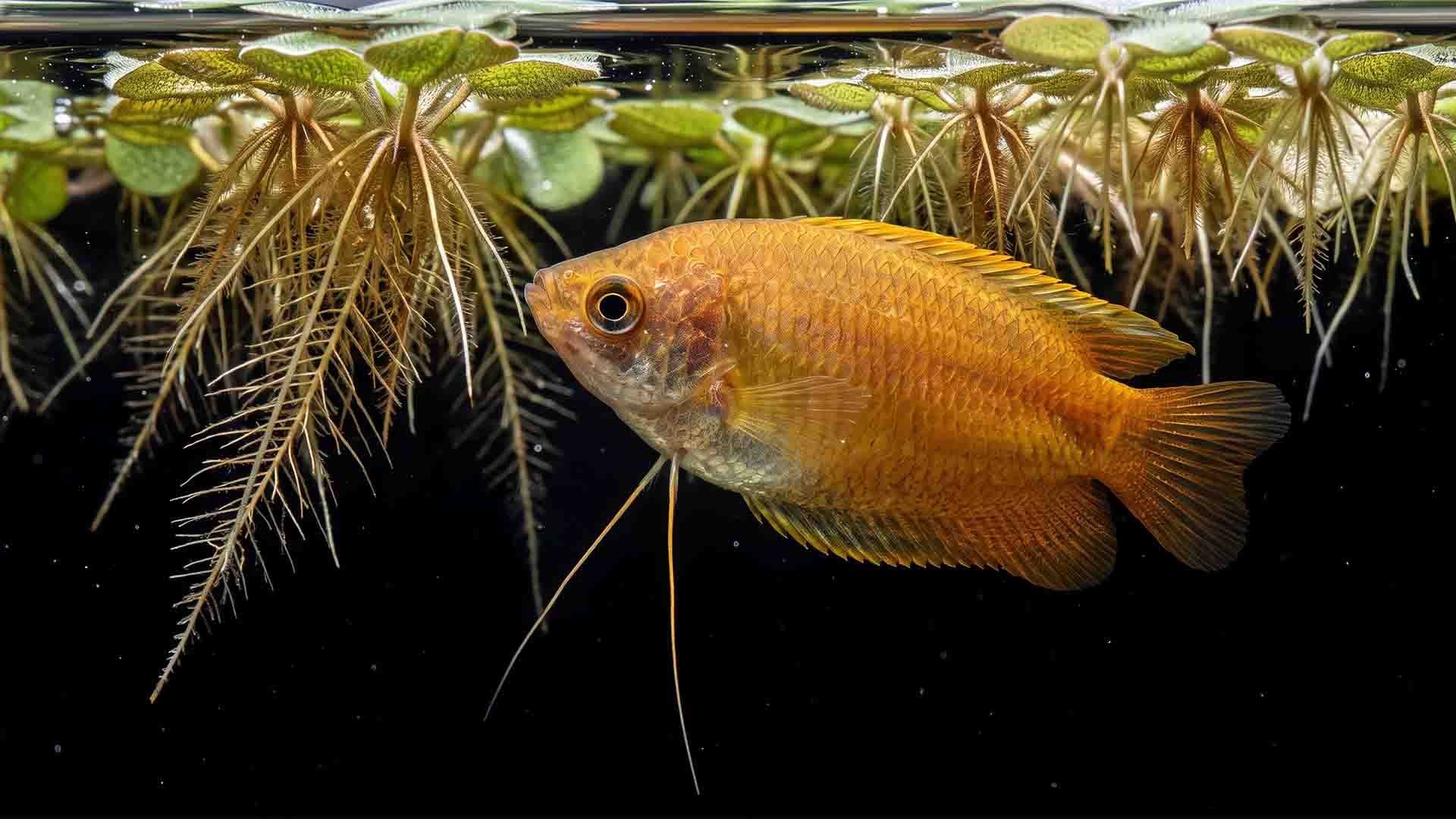 Underrated Freshwater Fish: 6 Species That Won't Die Male honey gourami displaying sunset amber coloration and delicate pelvic feelers in clean water