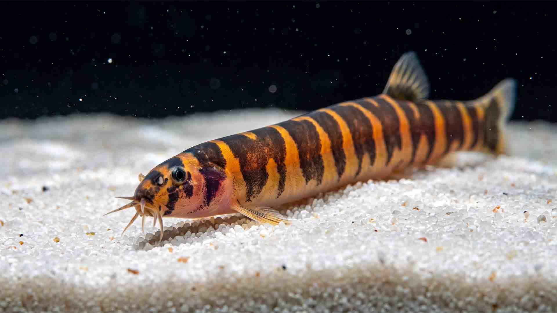 Underrated Freshwater Fish: 6 Species That Won't Die Striped kuhli loach sifting through smooth cosmetic sand with intact sensory barbels in a planted tank