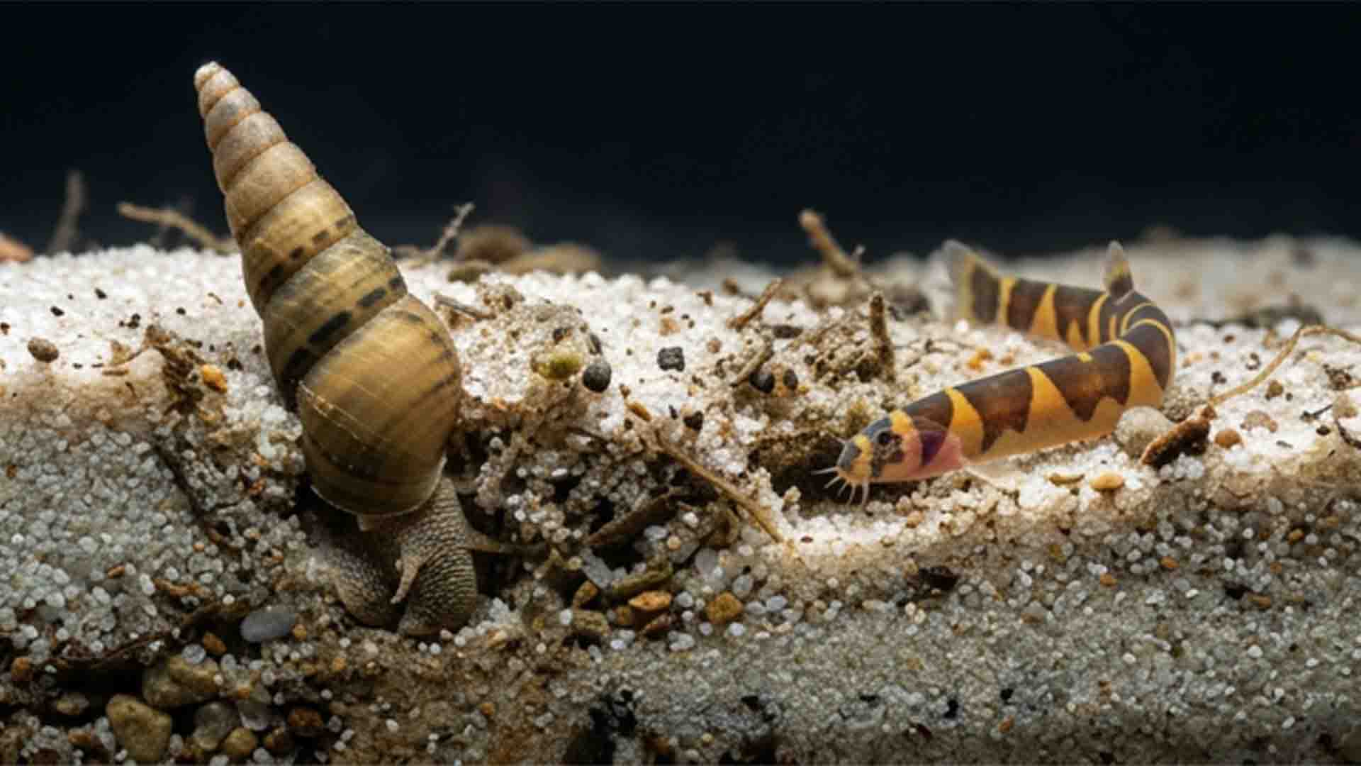 Underrated Freshwater Clean Up Crew: 10 Real Cleaners That Actually Work Malaysian trumpet snail burrowing through fine aquarium sand bed beside a foraging kuhli loach