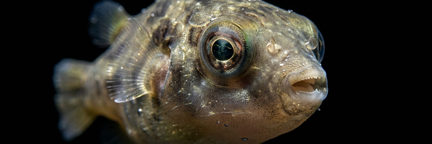 Macro shot of a Dwarf Pea Puffer in a freshwater aquarium showing hidden predatory traits. (misleading fish)