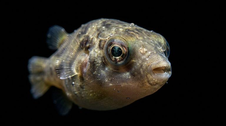 Macro shot of a Dwarf Pea Puffer in a freshwater aquarium showing hidden predatory traits. (misleading fish)