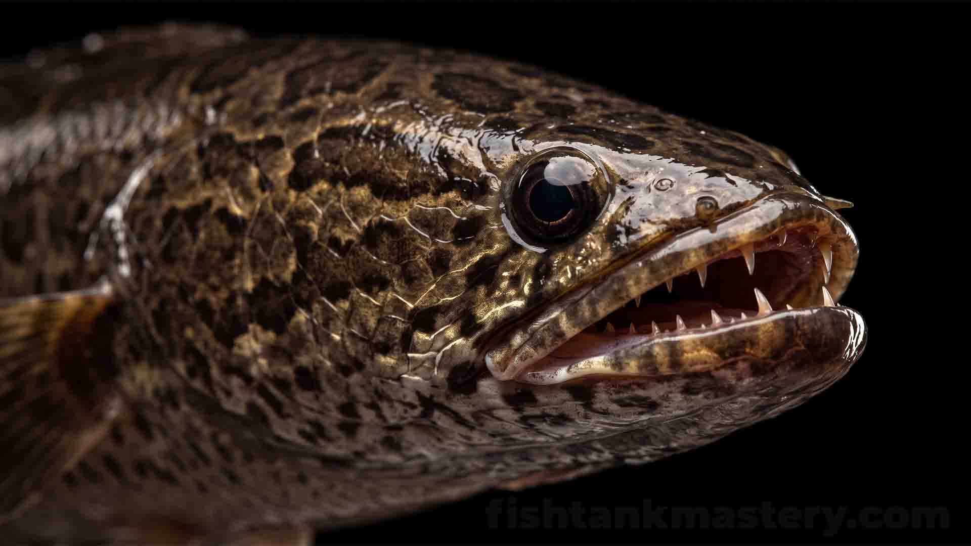Northern Snakehead head profile showing sharp teeth and predatory eyes on pitch black background