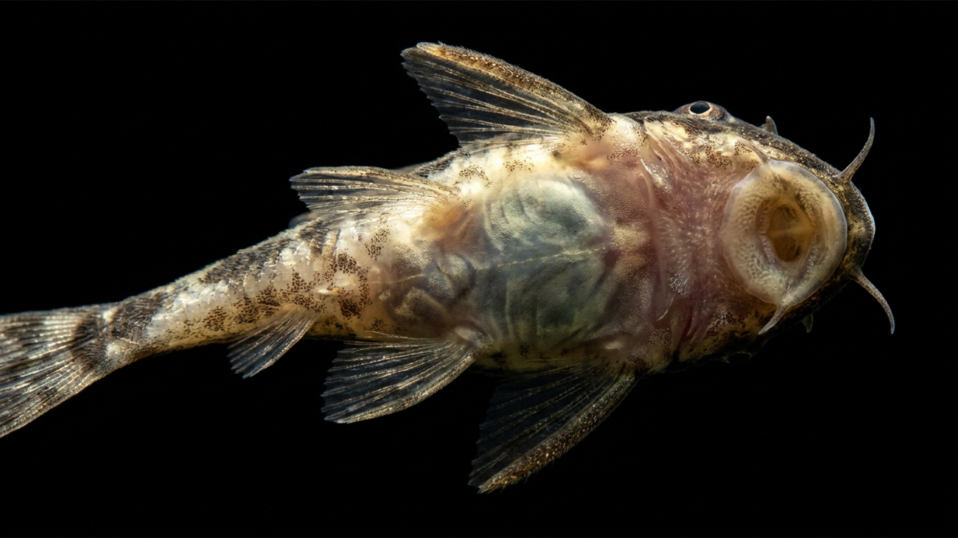 10 Most MISLEADING Fish Pet Stores Push on Beginners (And Why They Crash) Otocinclus catfish with a sunken belly clinging to sterile aquarium glass demonstrating starvation.