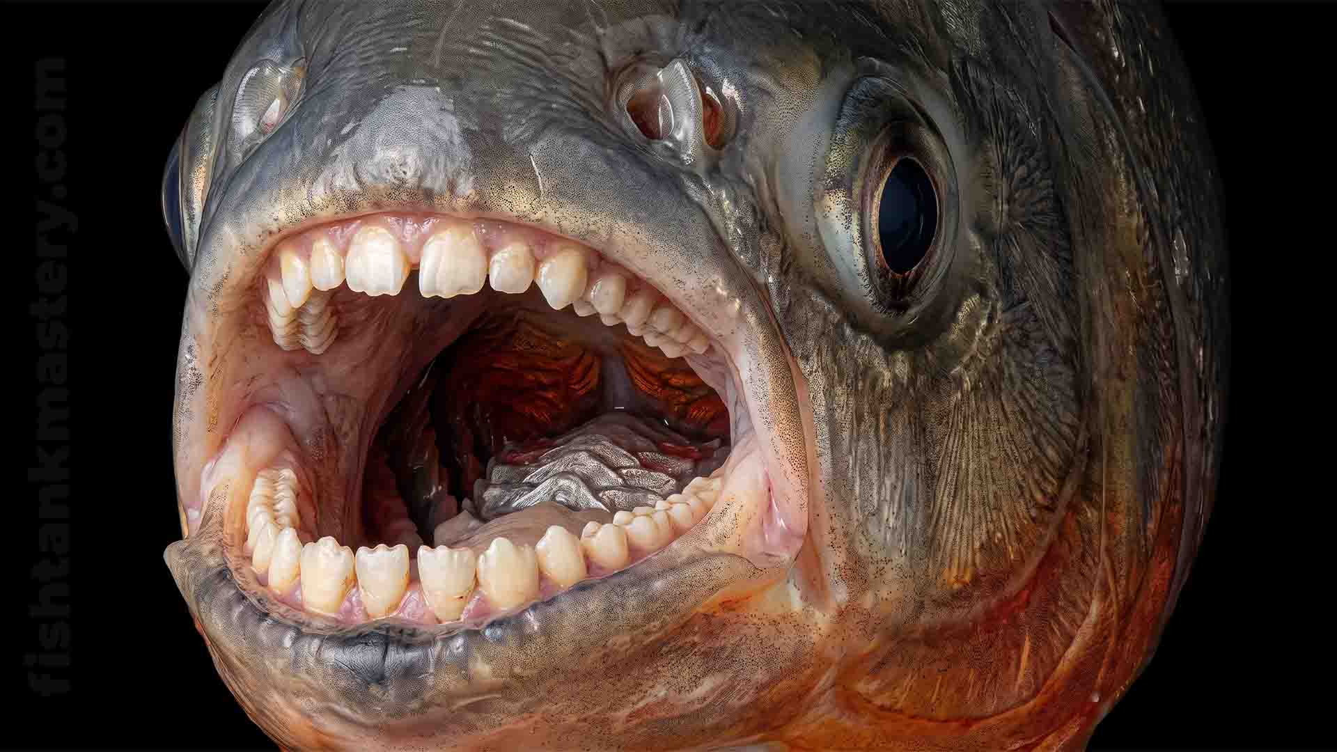 Red-Bellied Pacu mouth close-up displaying human-like molar teeth on black background